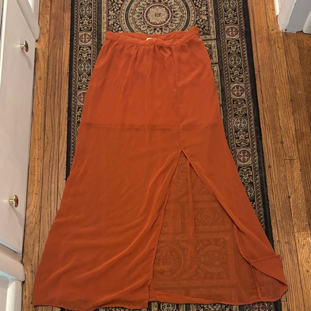 One Clothing Orange Asymmetrical Slit Sheer Maxi Skirt